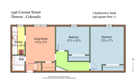 Floor plan for 2 beds, 1 bath, 750 sqft